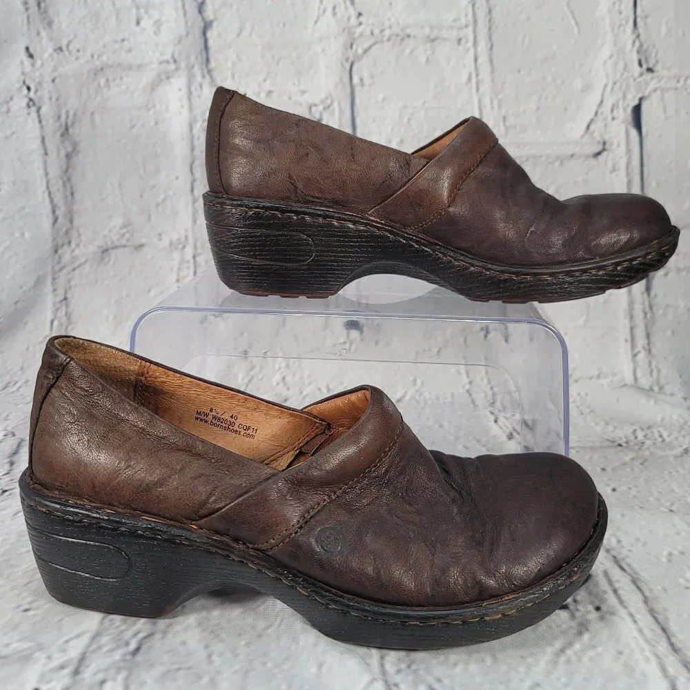 Born Womens 8.5 Toby II Casual Slip On Wedge Clogs Brown Leather Nursing Shoes